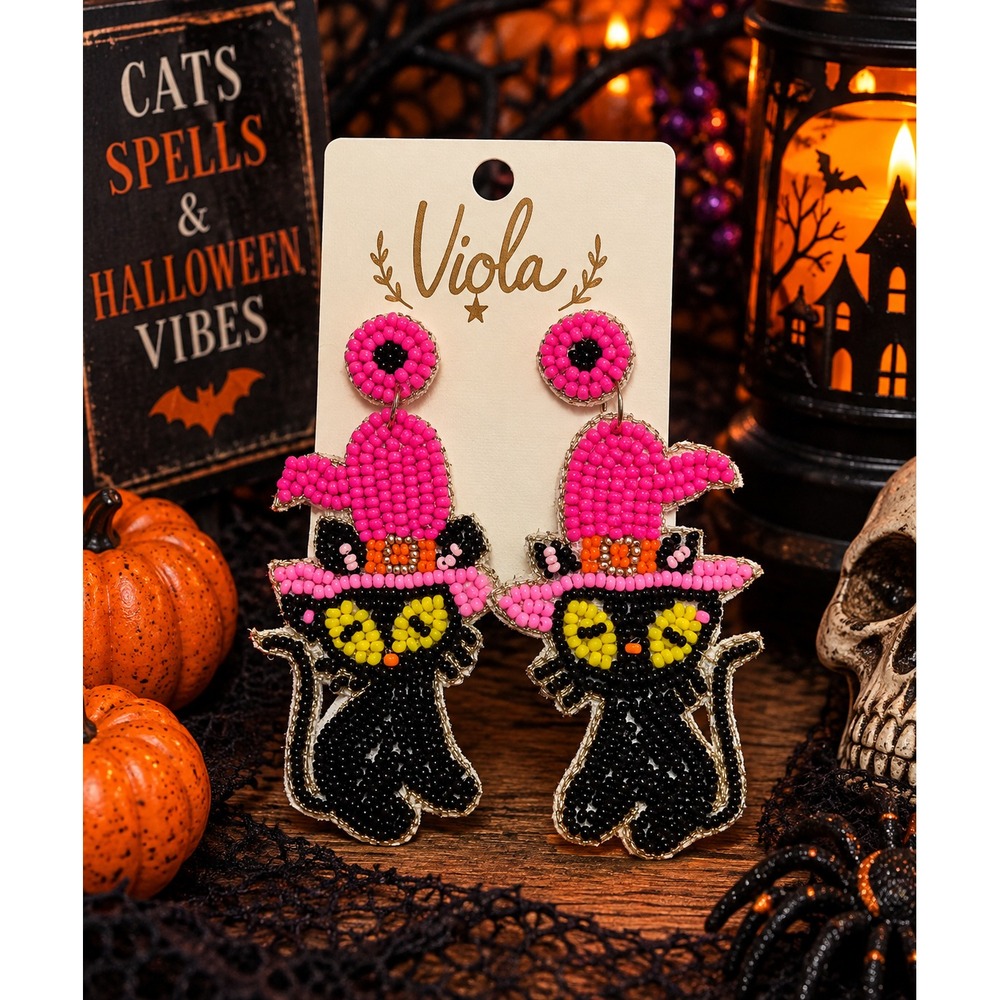 Pink Witch Black Cat Halloween Seed Bead Earrings Spooky Statement Jewelry